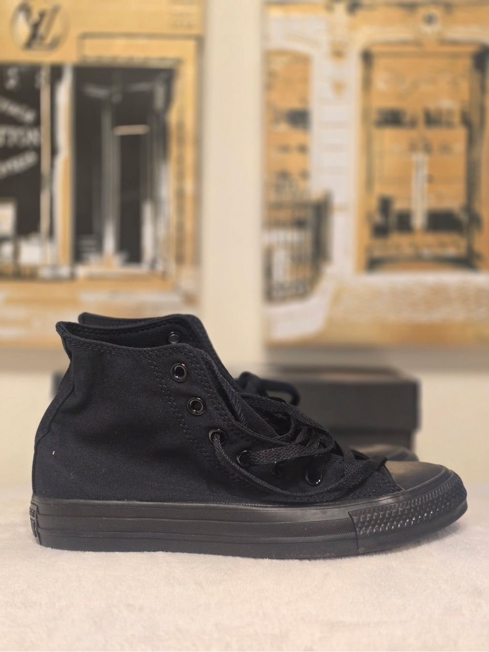 All-Black High Top Canvas Sneakers Monochrome Mens 5.5 Women’s 7.5 NIB - Picture 2 of 6